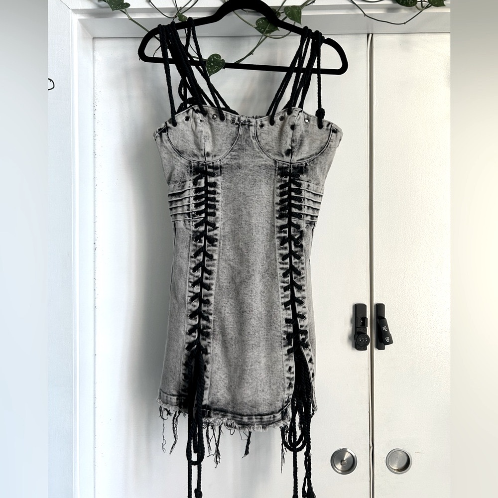 Dolls Kill Darker Wavs CHARGED LACE-UP DENIM DRESS